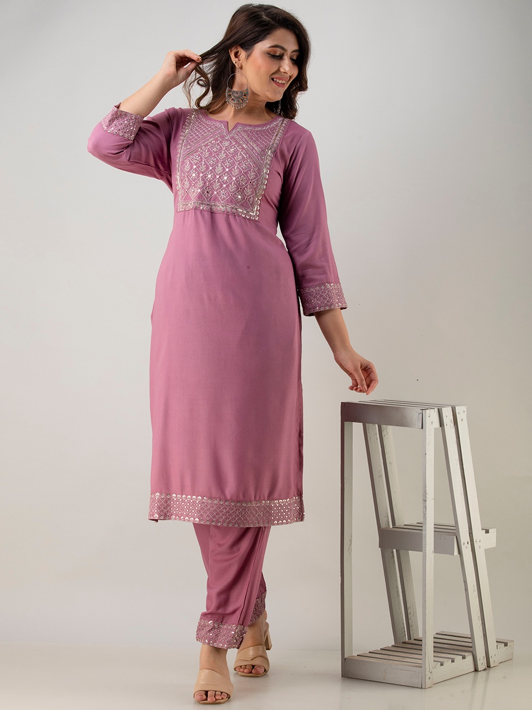 BARKHA FAB Women Lavender Yoke Design Empire Thread Work Kurti with Trousers