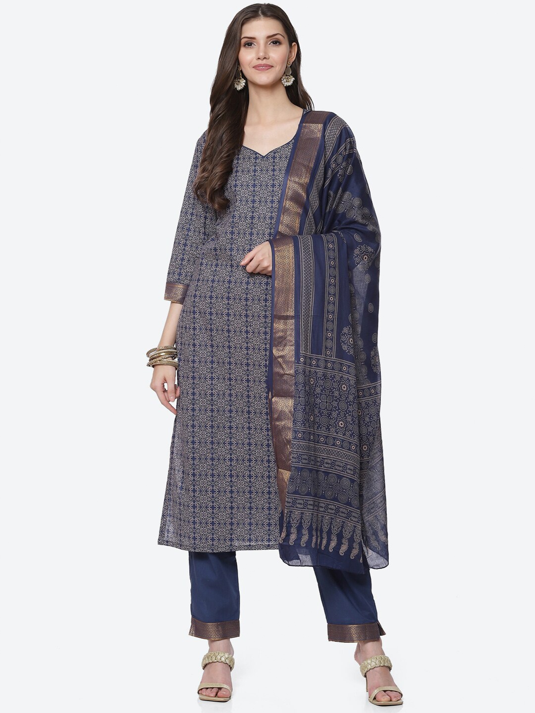 Biba Blue & Gold-Toned Printed Unstitched Dress Material