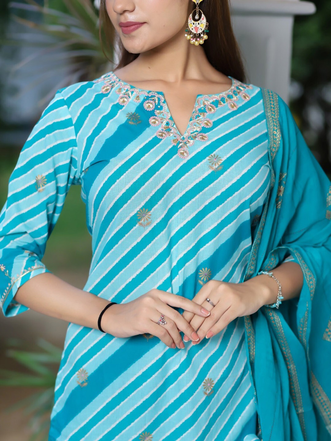 Meeranshi Women Blue Striped Thread Work Pure Cotton Kurta with Skirt & With Dupatta
Meeranshi Women Blue Striped Thread Work Pure Cotton Kurta with Skirt & With Dupatta
