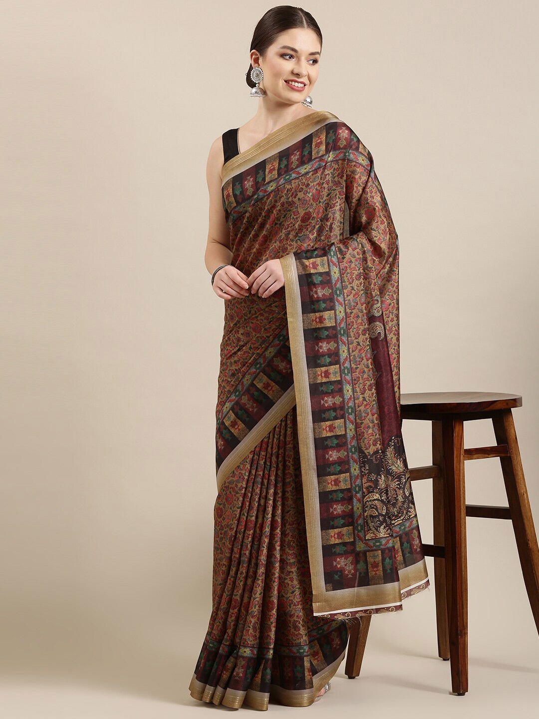 The Chennai Silks Women Brown & Olive Green Floral Saree