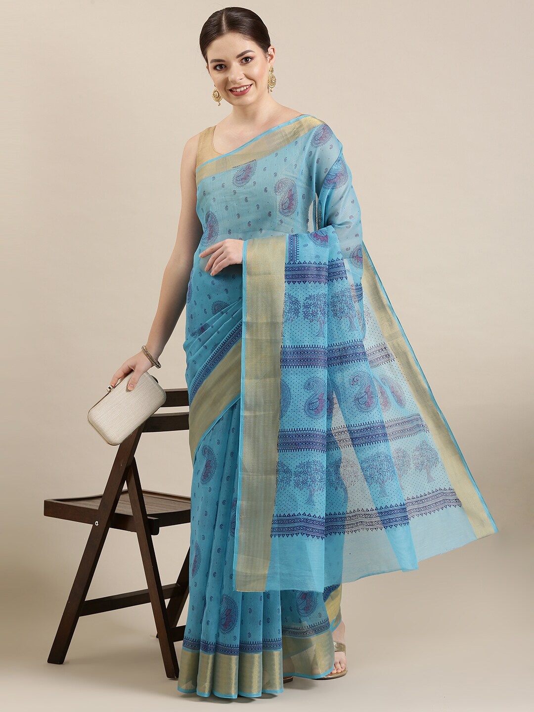 The Chennai Silks Blue & Gold-Toned Paisley Zari Printed South Cotton Saree