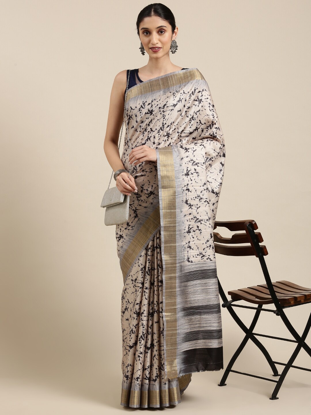 The Chennai Silks Beige & Black Batik Zari Fusion Chanderi Saree