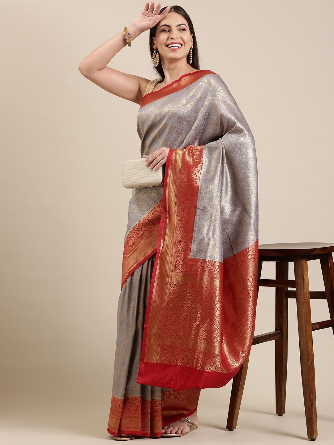 The Chennai Silks Grey & Orange Woven Design Art Silk Saree