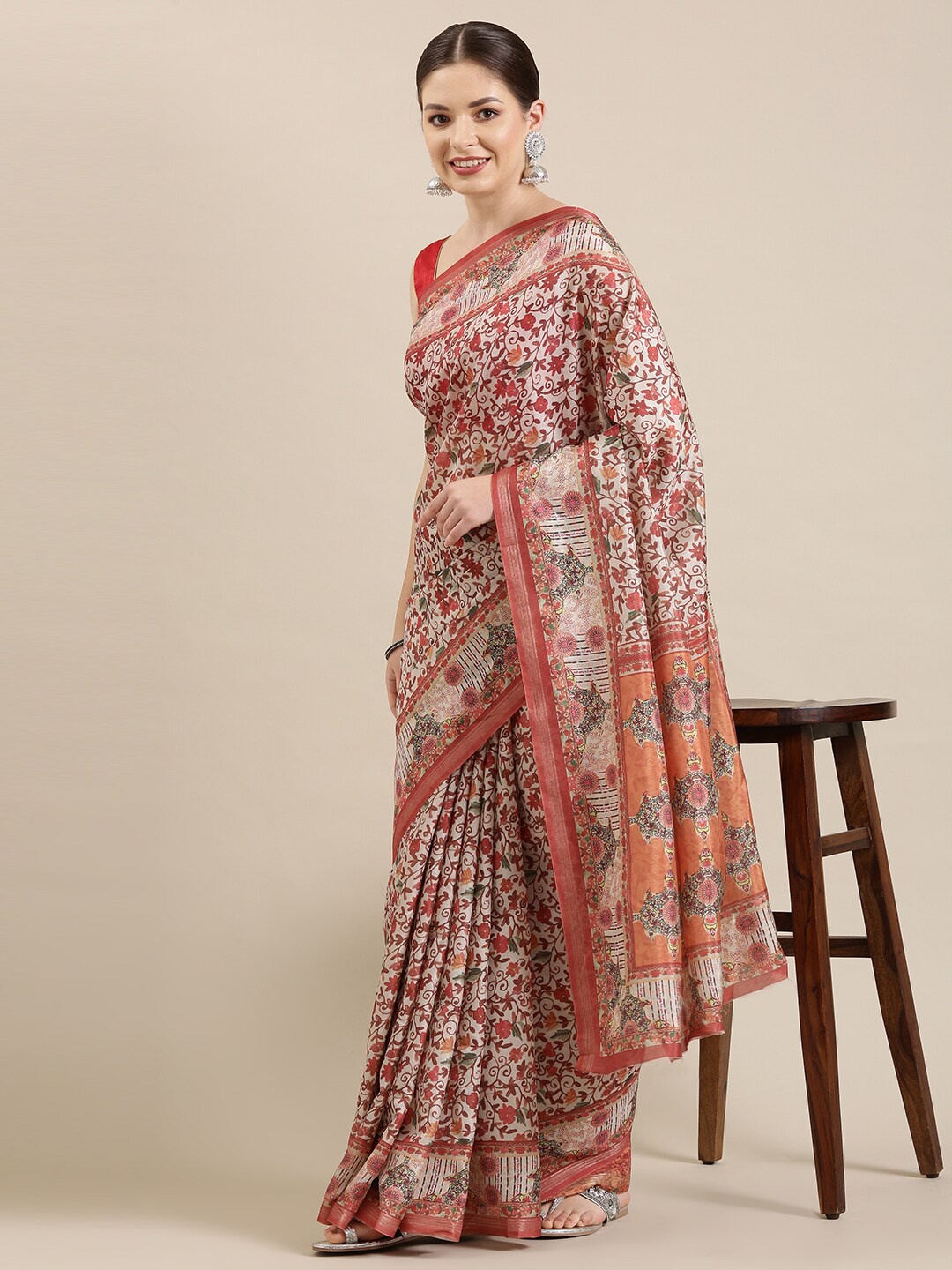 The Chennai Silks Off White & Pink Floral Linen Blend Saree