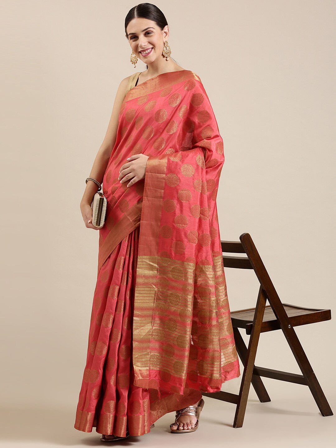 The Chennai Silks Red & Gold-Toned Ethnic Motifs Zari Jute Cotton Saree