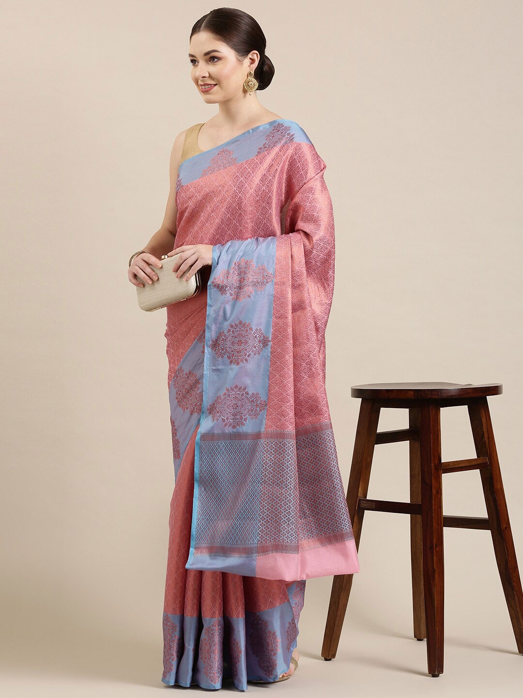The Chennai Silks Pink & Blue Woven Design Organza Saree