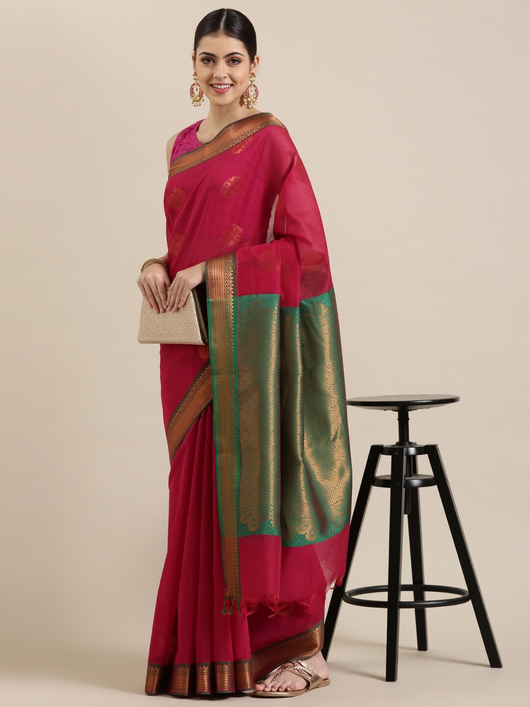 The Chennai Silks Pink & Green Ethnic Motifs Zari Silk Cotton Fusion Maheshwari Saree
The Chennai Silks Pink & Green Ethnic Motifs Zari Silk Cotton Fusion Maheshwari Saree