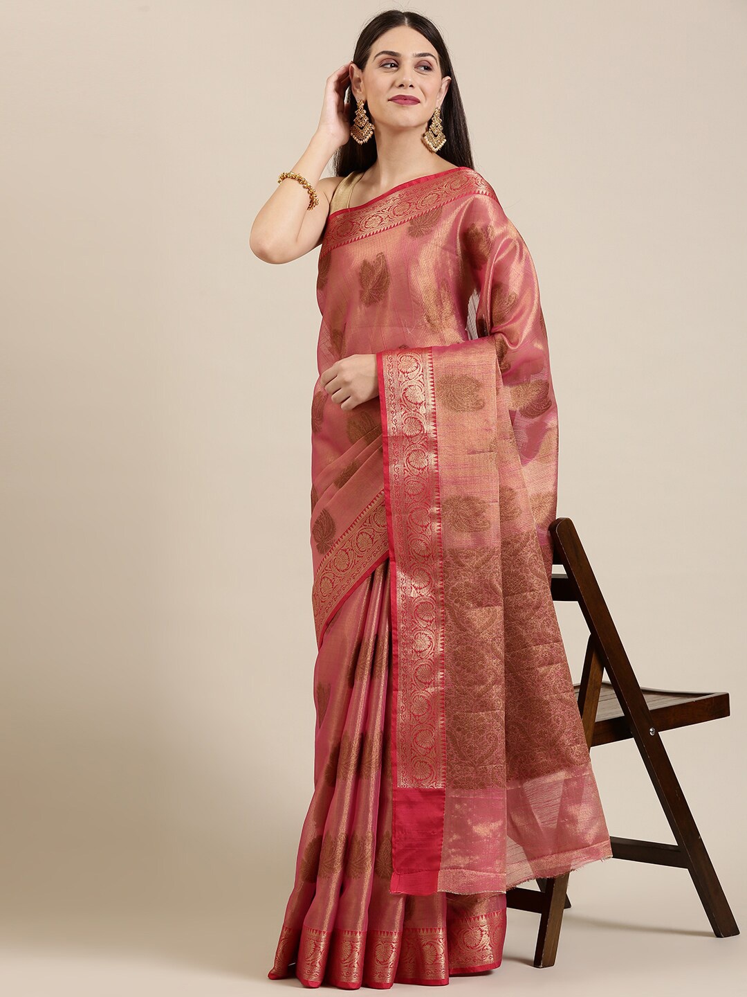 The Chennai Silks Pink & Gold-Toned Ethnic Motifs Zari Organza Banarasi Saree