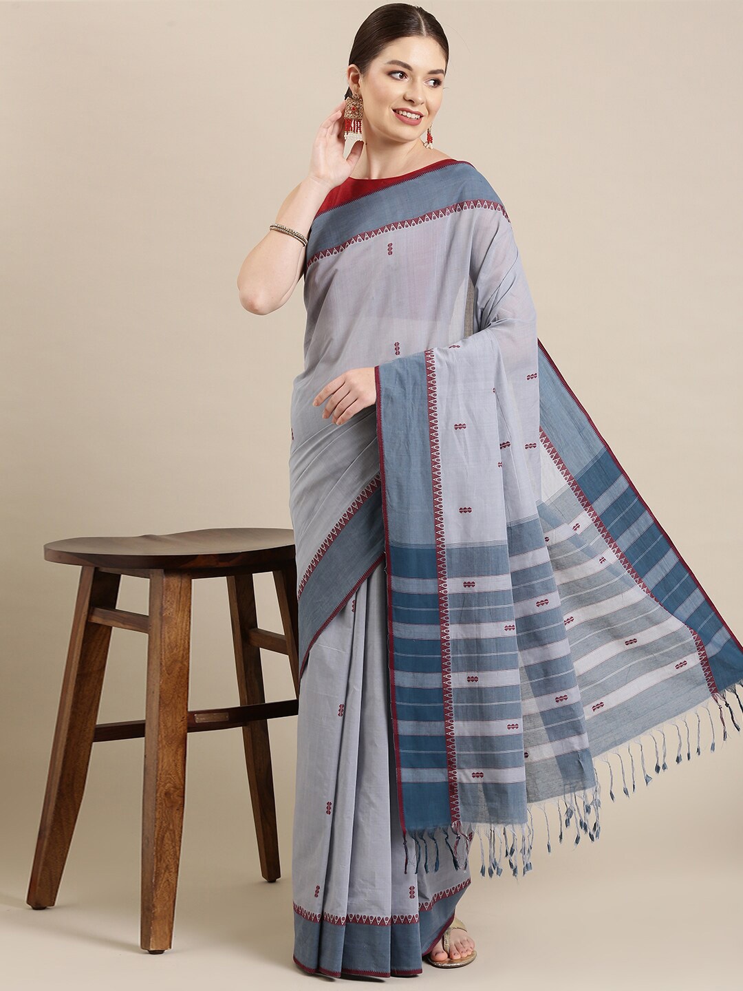 The Chennai Silks Grey Woven Design Pure Cotton Fusion Saree