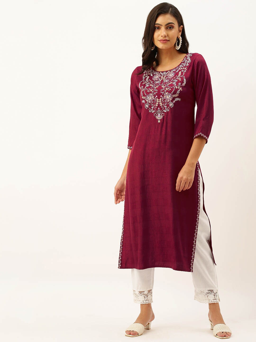 ZOLA Women Maroon Floral Yoke Design Round Neck Kurta