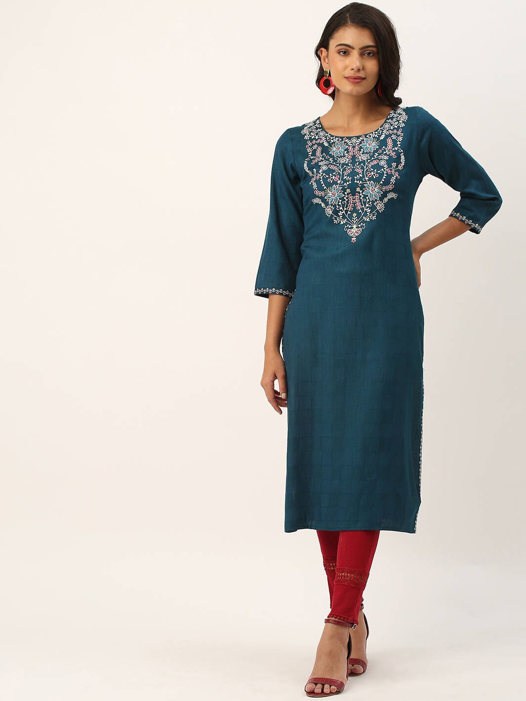 ZOLA Women Teal Floral Embroidered Kurta