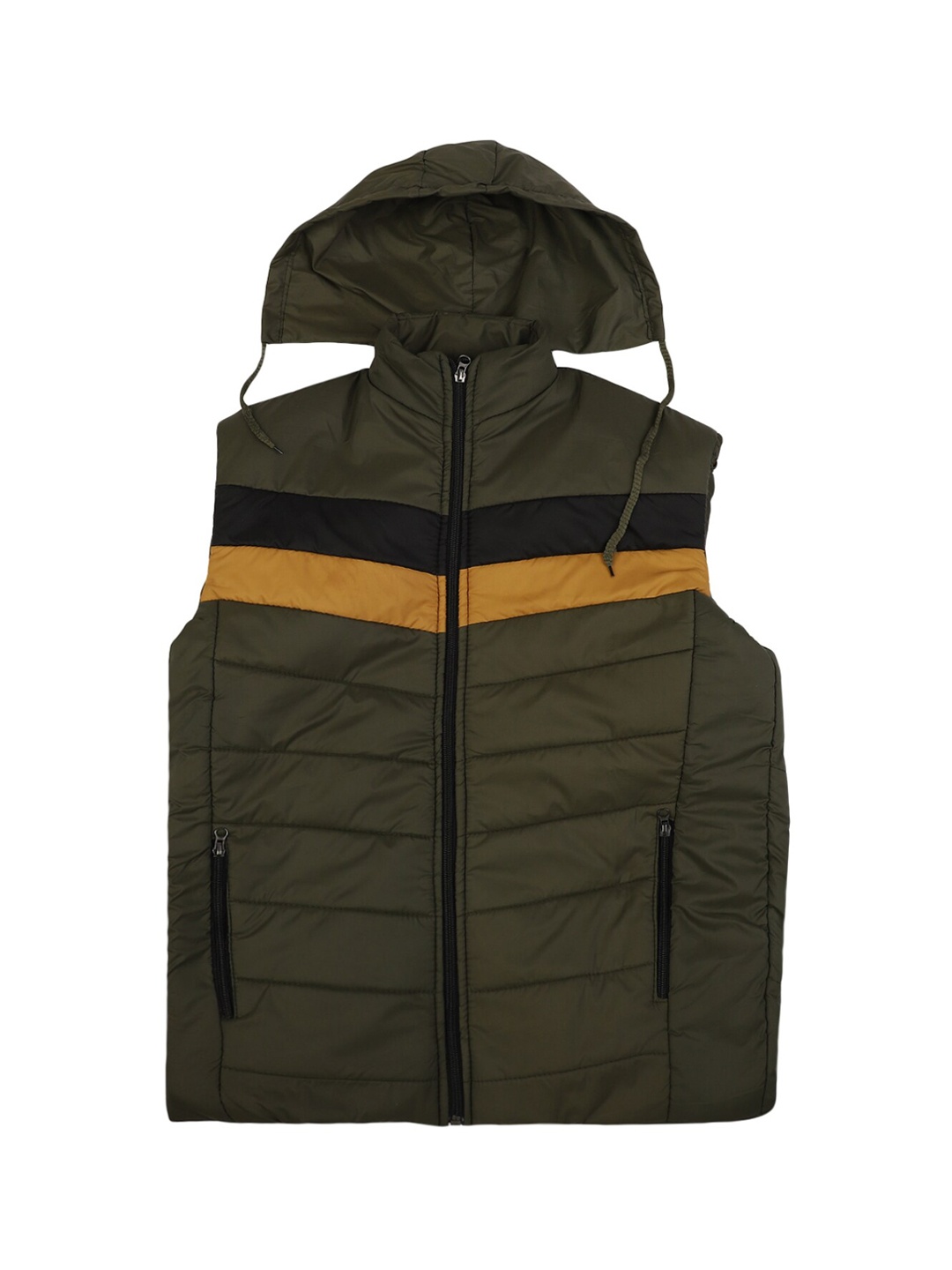 V-Mart Boys Olive Green & Mustard Colourblocked Lightweight Sleeveless Puffer Jacket