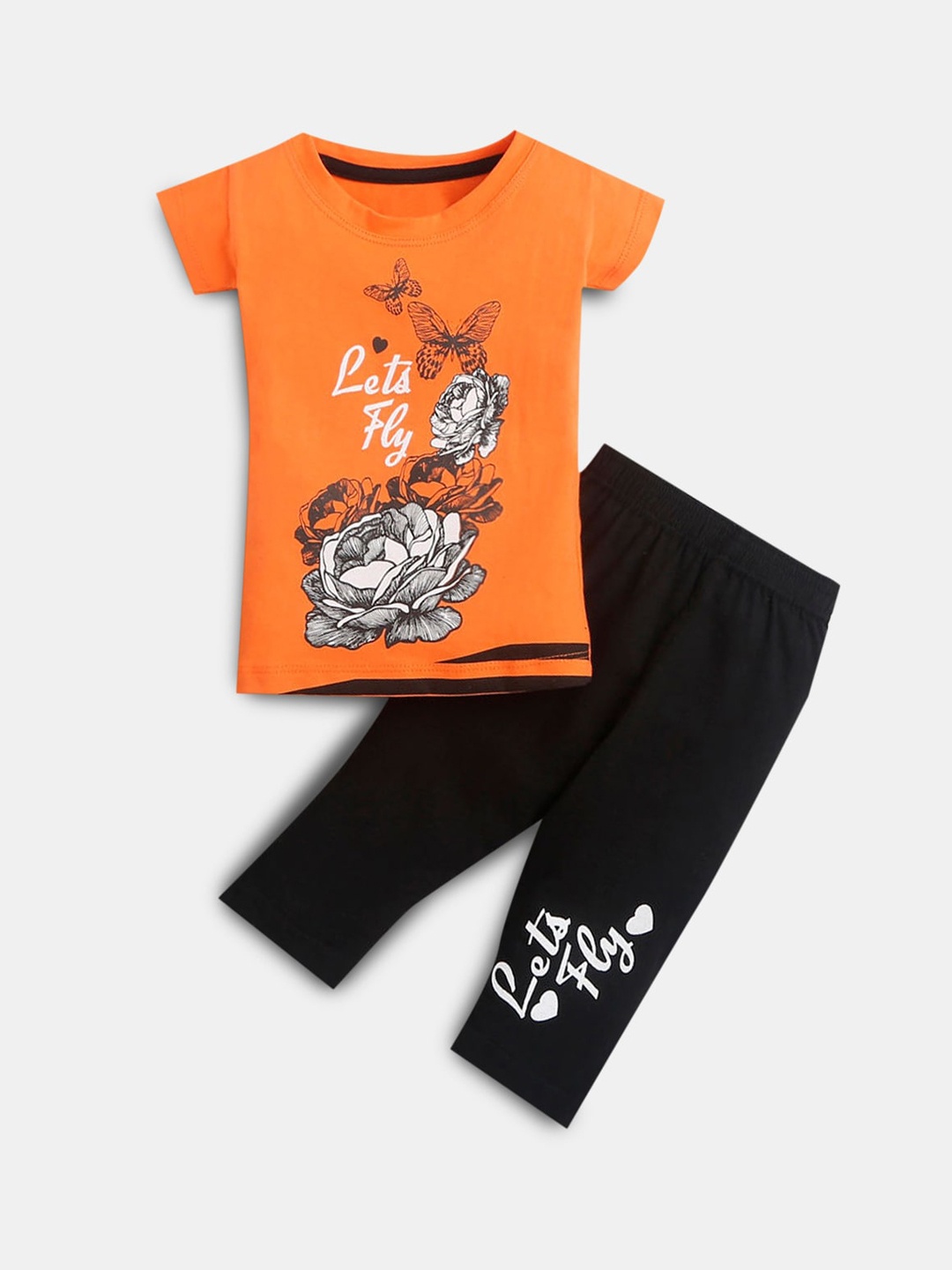 Hopscotch Girls Black & Orange Printed T-shirt with Capris