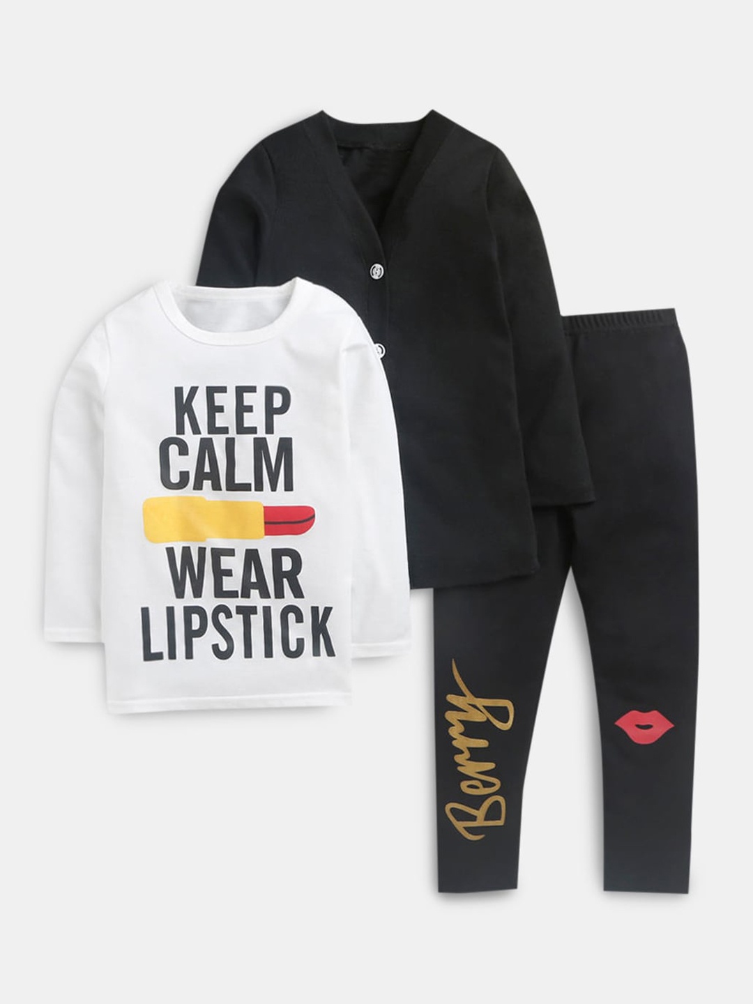 Hopscotch Girls Black & White Printed T-shirt with Trousers & Jacket