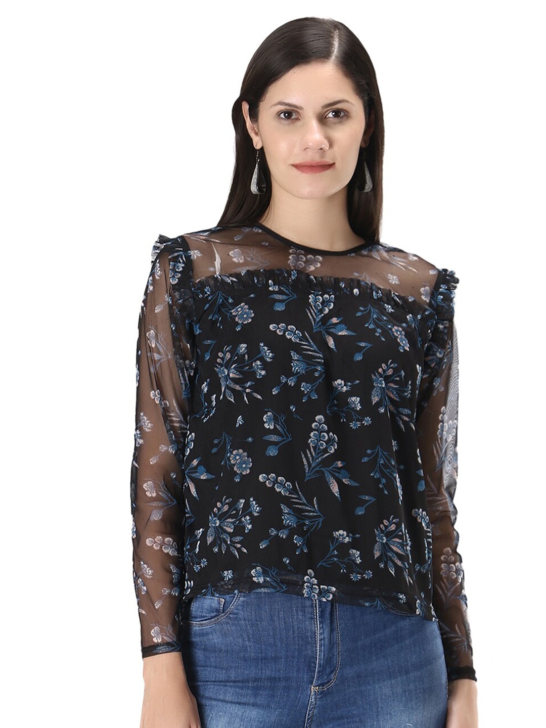 D 'VESH Women Ruffle Black Floral Print Polynet Top
