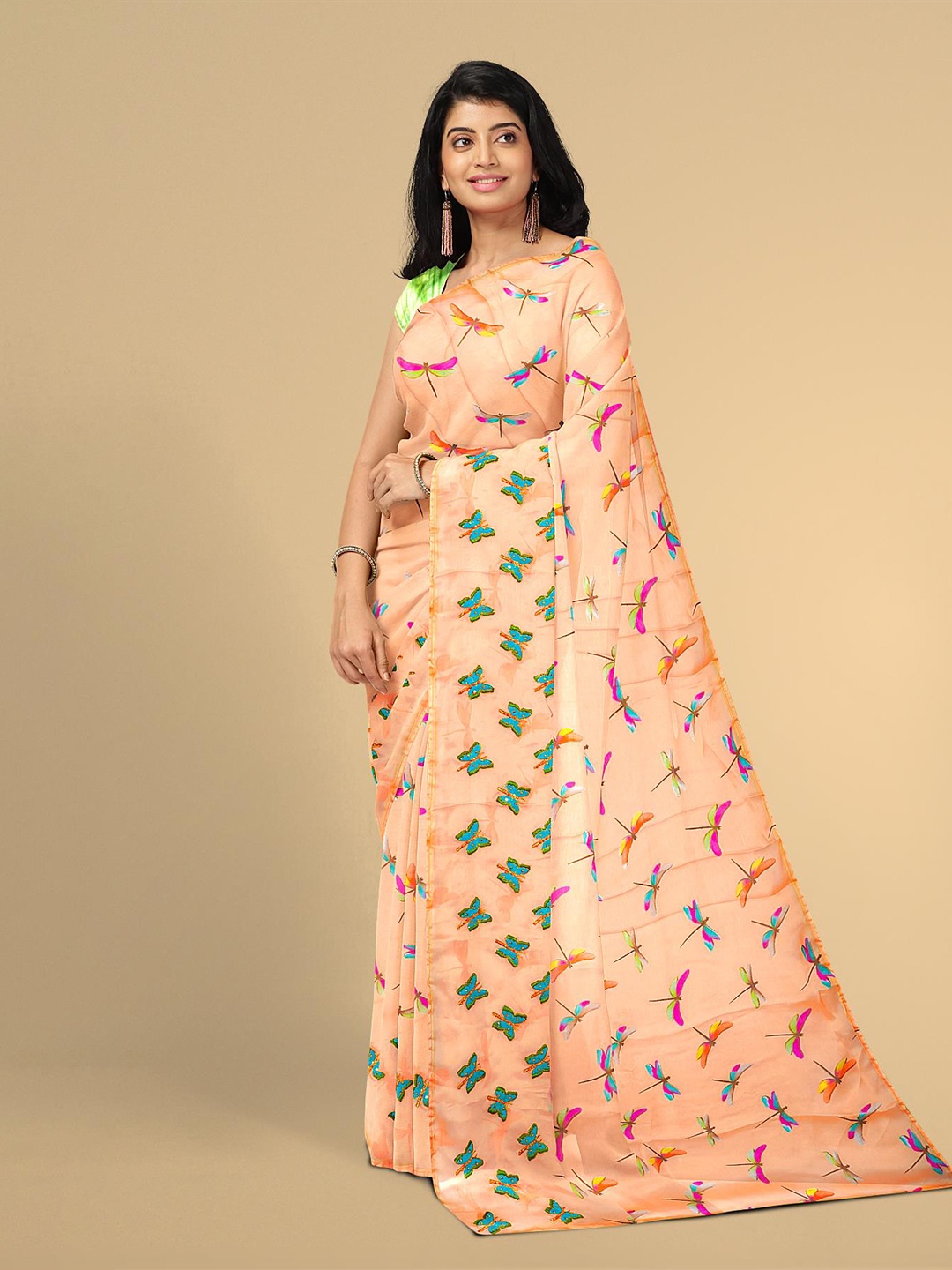 Kalamandir Peach-Coloured & Green Printed Silk Blend Saree