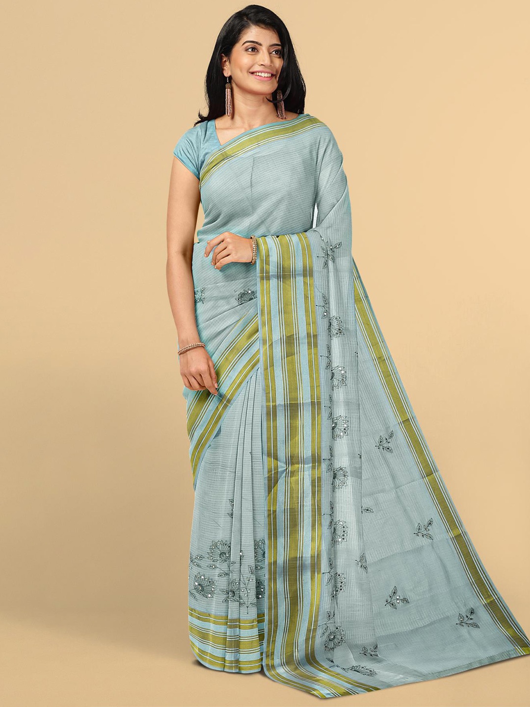Kalamandir Grey & Gold-Toned Floral Zari Silk Blend Saree