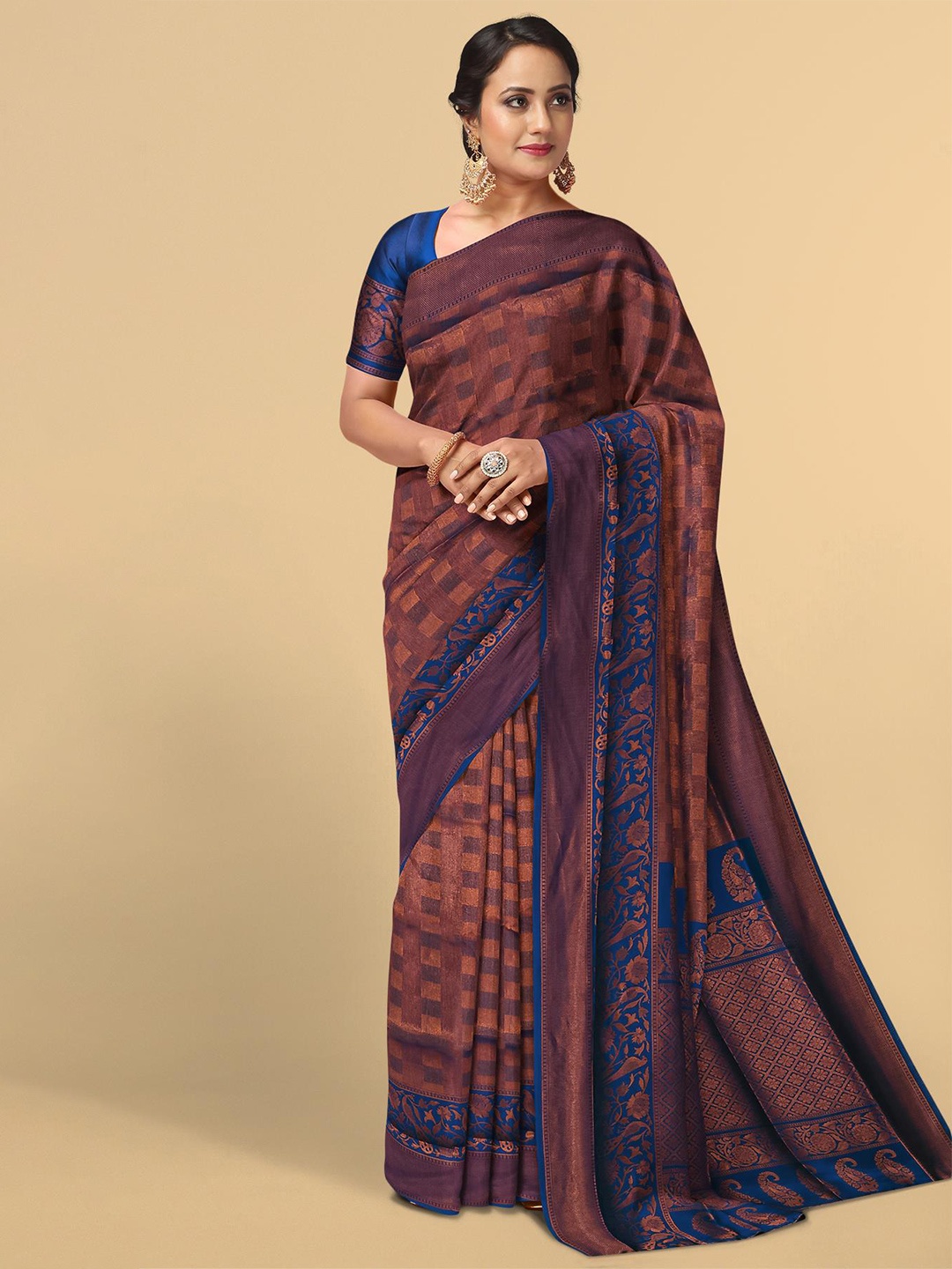 Kalamandir Brown & Navy Blue Checked Saree