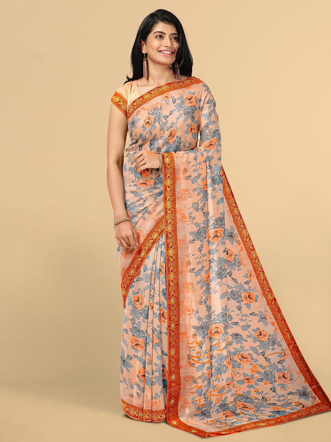 Kalamandir Orange & Blue Floral Saree