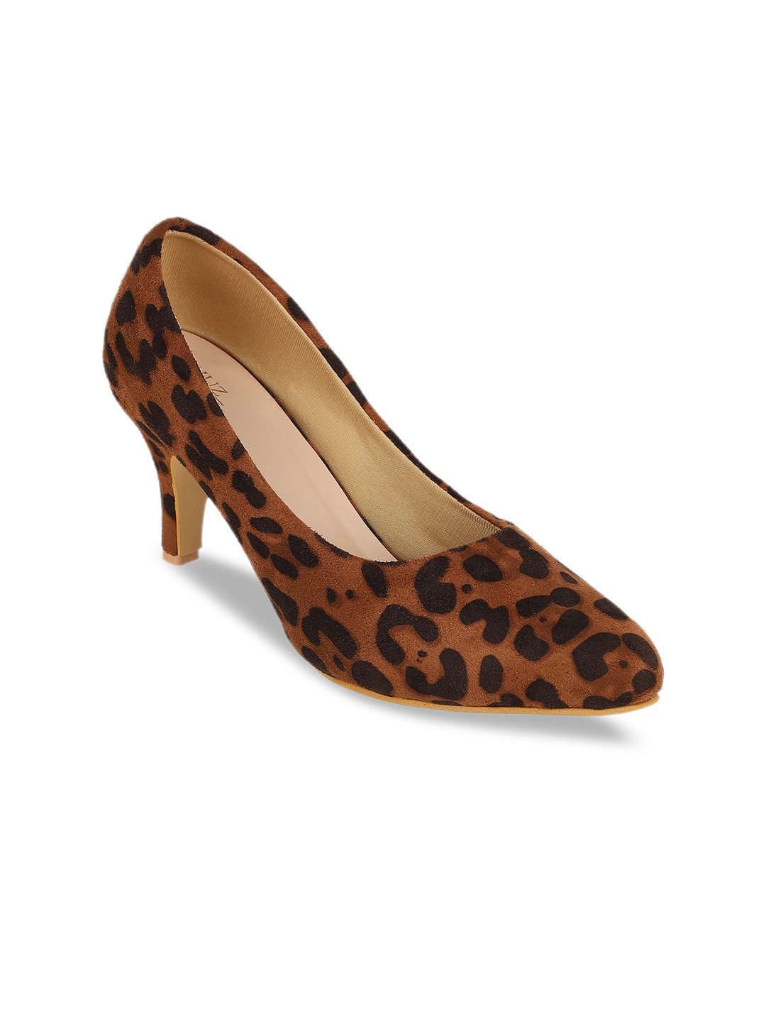 SHUZ TOUCH Tan & Black Leopard Printed Velvet Kitten Pumps