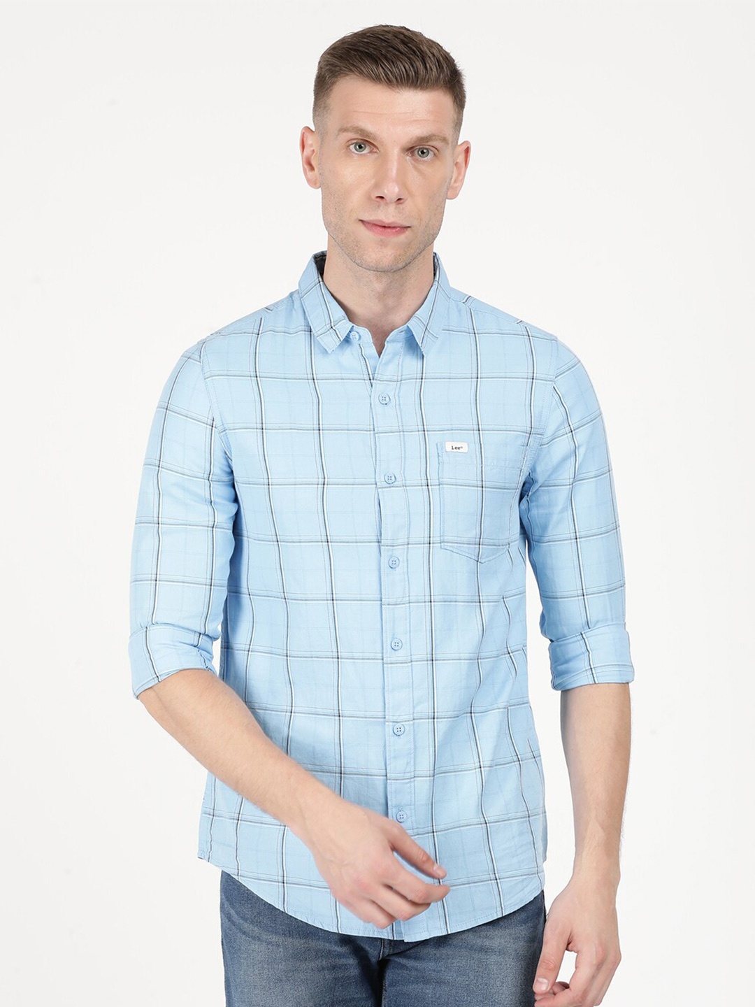Lee Men Blue Slim Fit Windowpane Checks Checked Casual Shirt