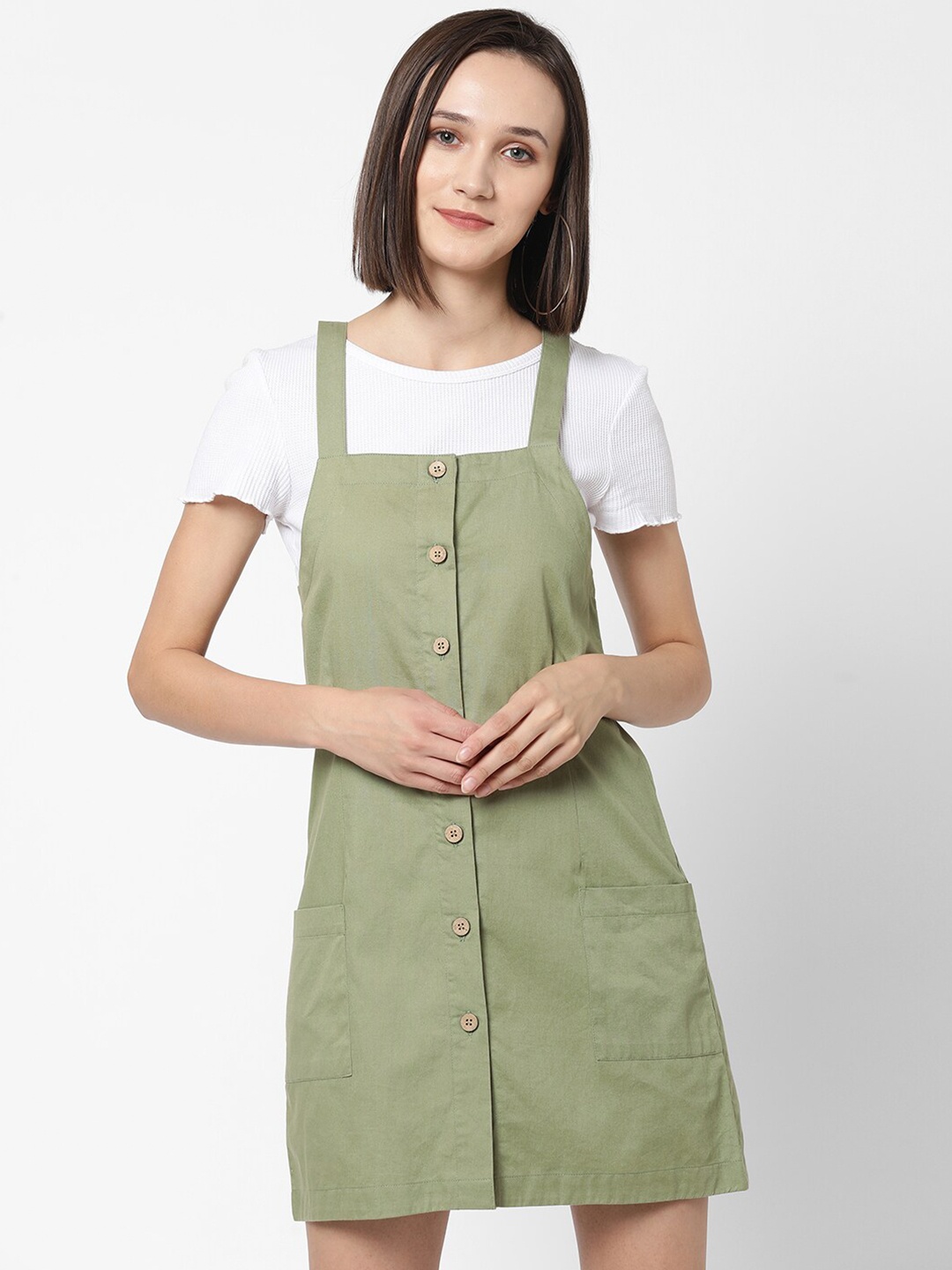 VASTRADO Women Olive Green & White Solid Pinafore Dress