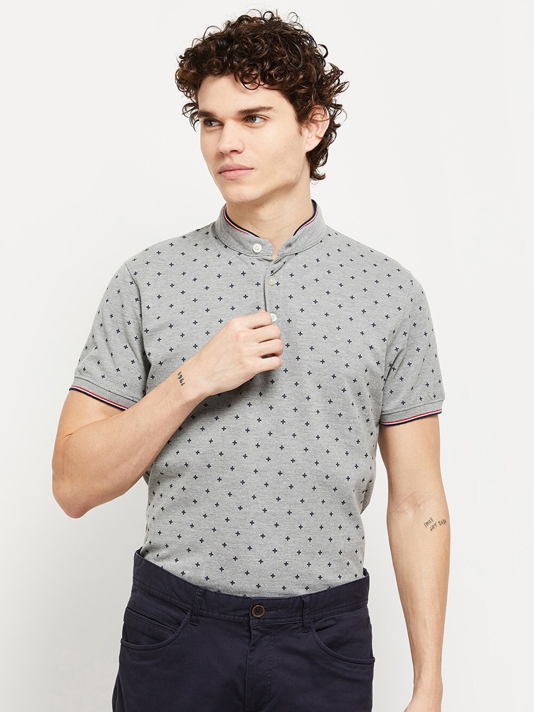 max Men Grey Printed Mandarin Collar T-shirt