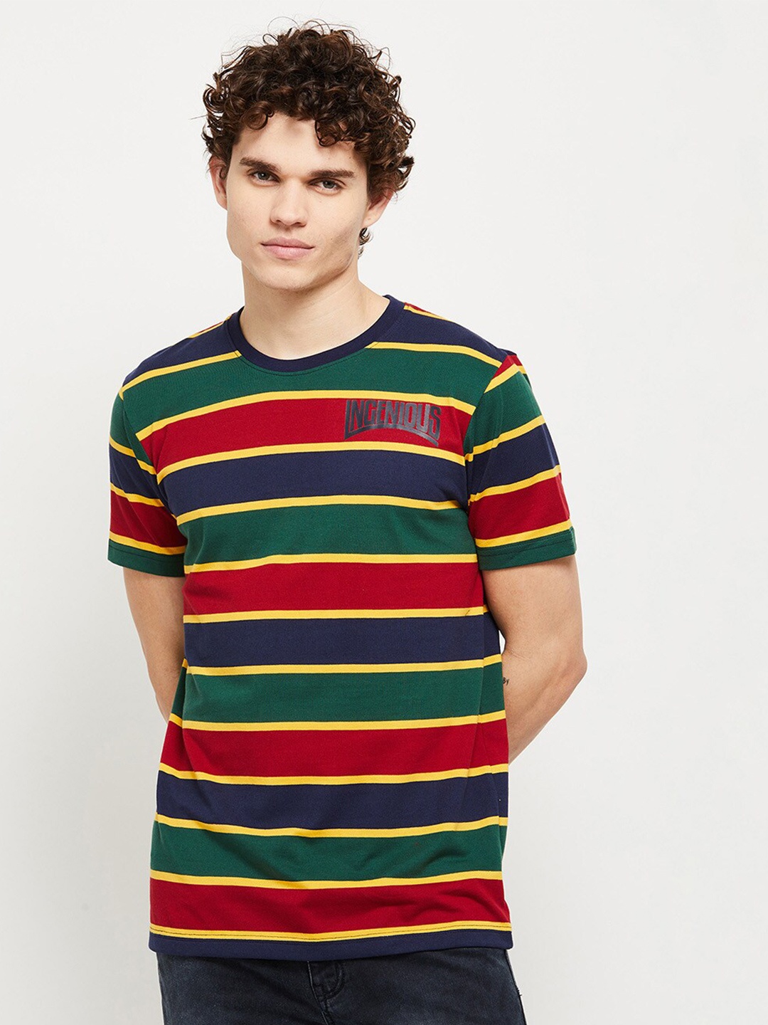 max Men Green & Red Striped T-shirt