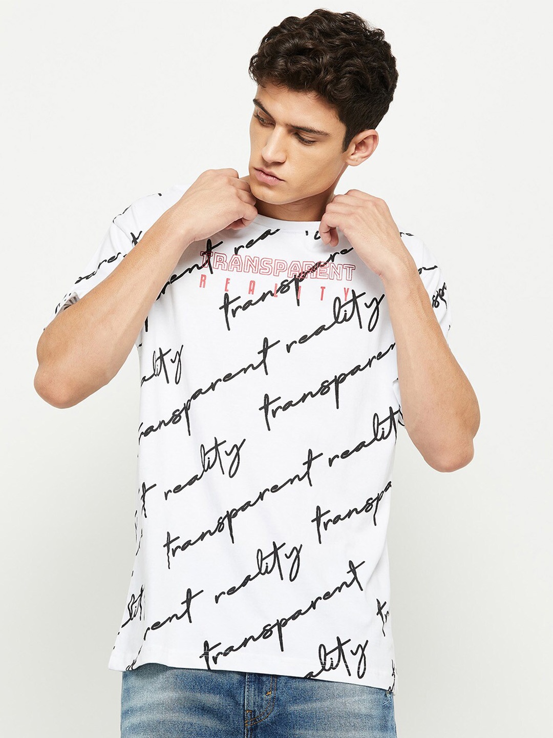 max Men White Typography Printed Cotton T-shirt