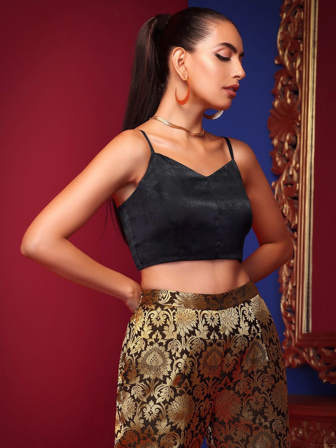 INDYA X ASHISH SONI Women Black Satin Strappy Crop Top