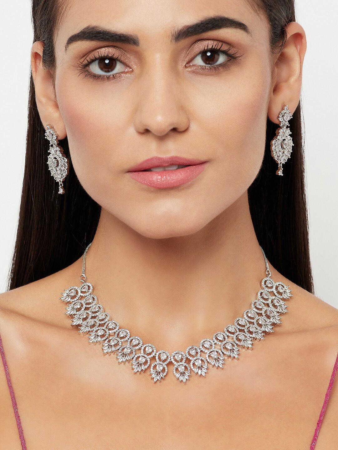 Voylla Women Rhodium-Plated Silver Toned & White American Diamond Studded Jewellery Set
Voylla Women Rhodium-Plated Silver Toned & White American Diamond Studded Jewellery Set