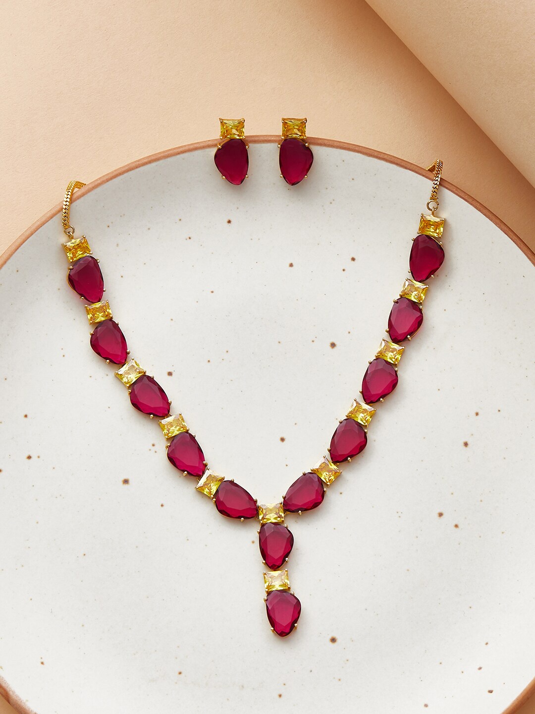 Voylla Gold-Plated White & Pink CZ Studded Jewellery Set