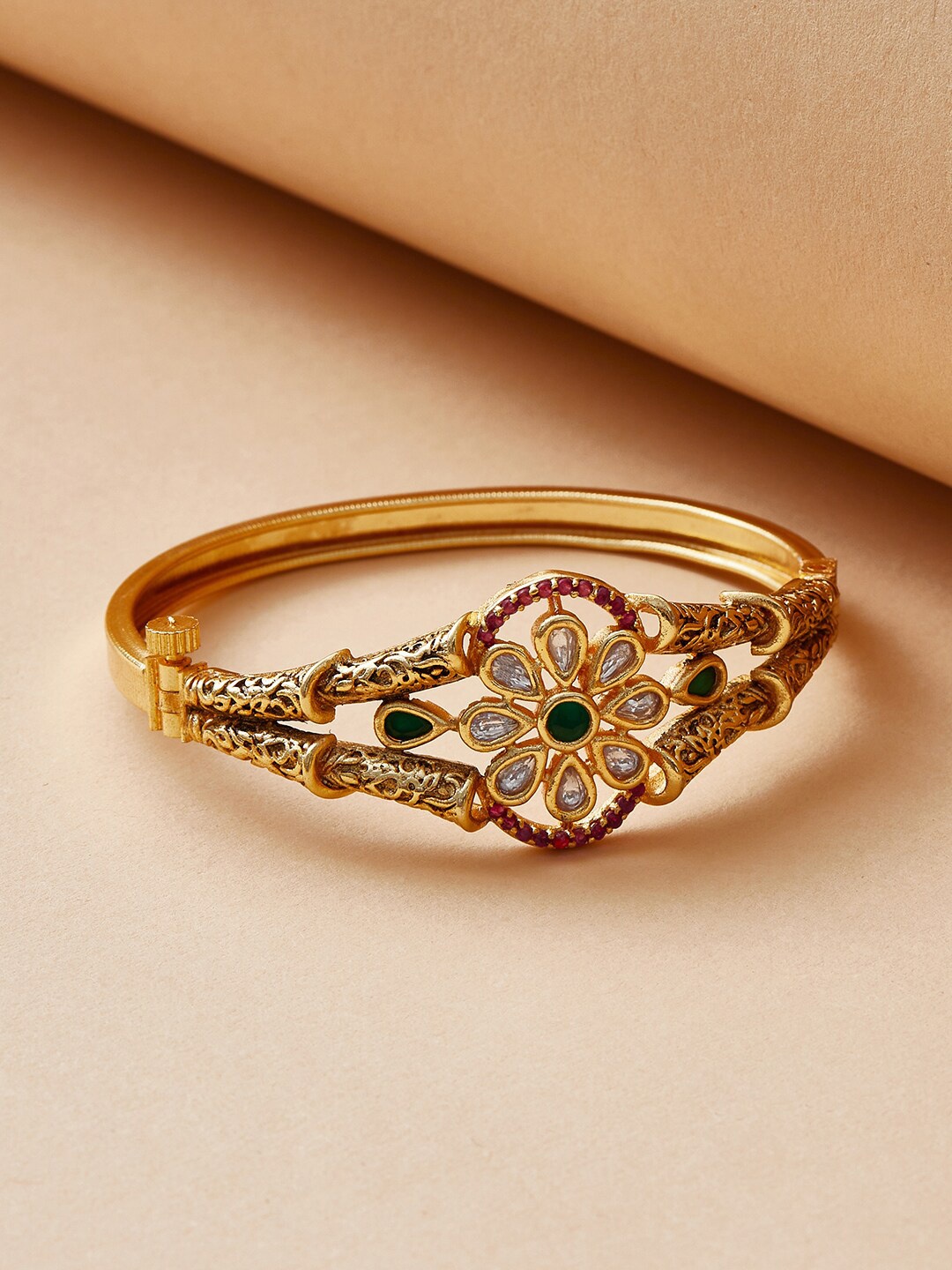 Voylla Women Gold-Toned & Green Gold-Plated Cuff Bracelet