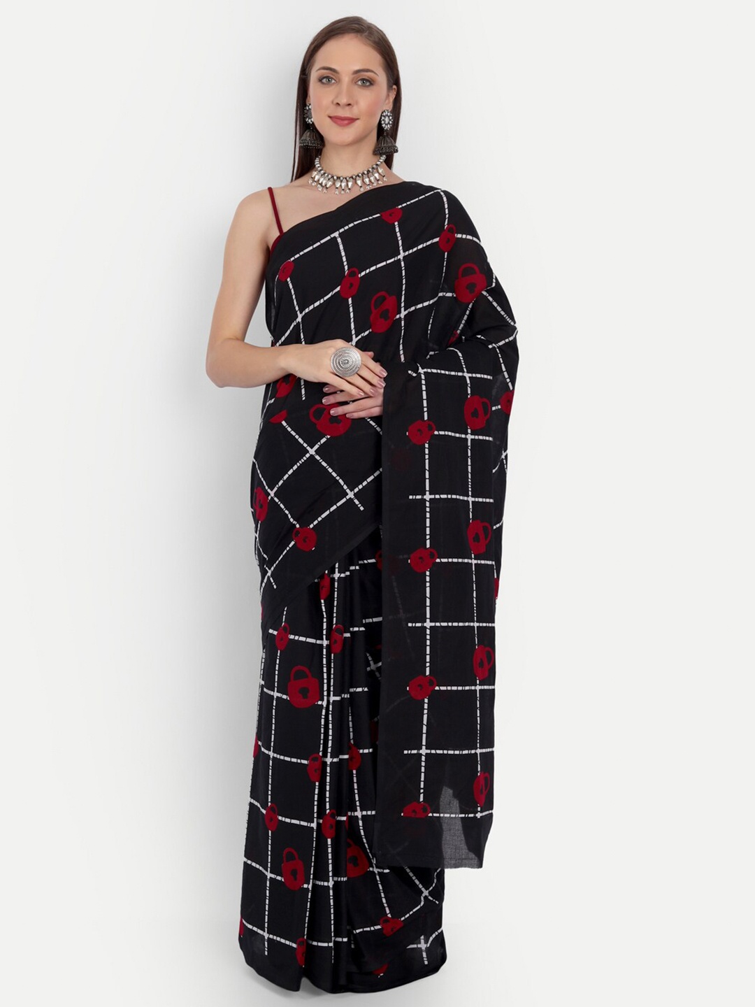 BUTA BUTI Black Checked Pure Cotton Ready to Wear Saree