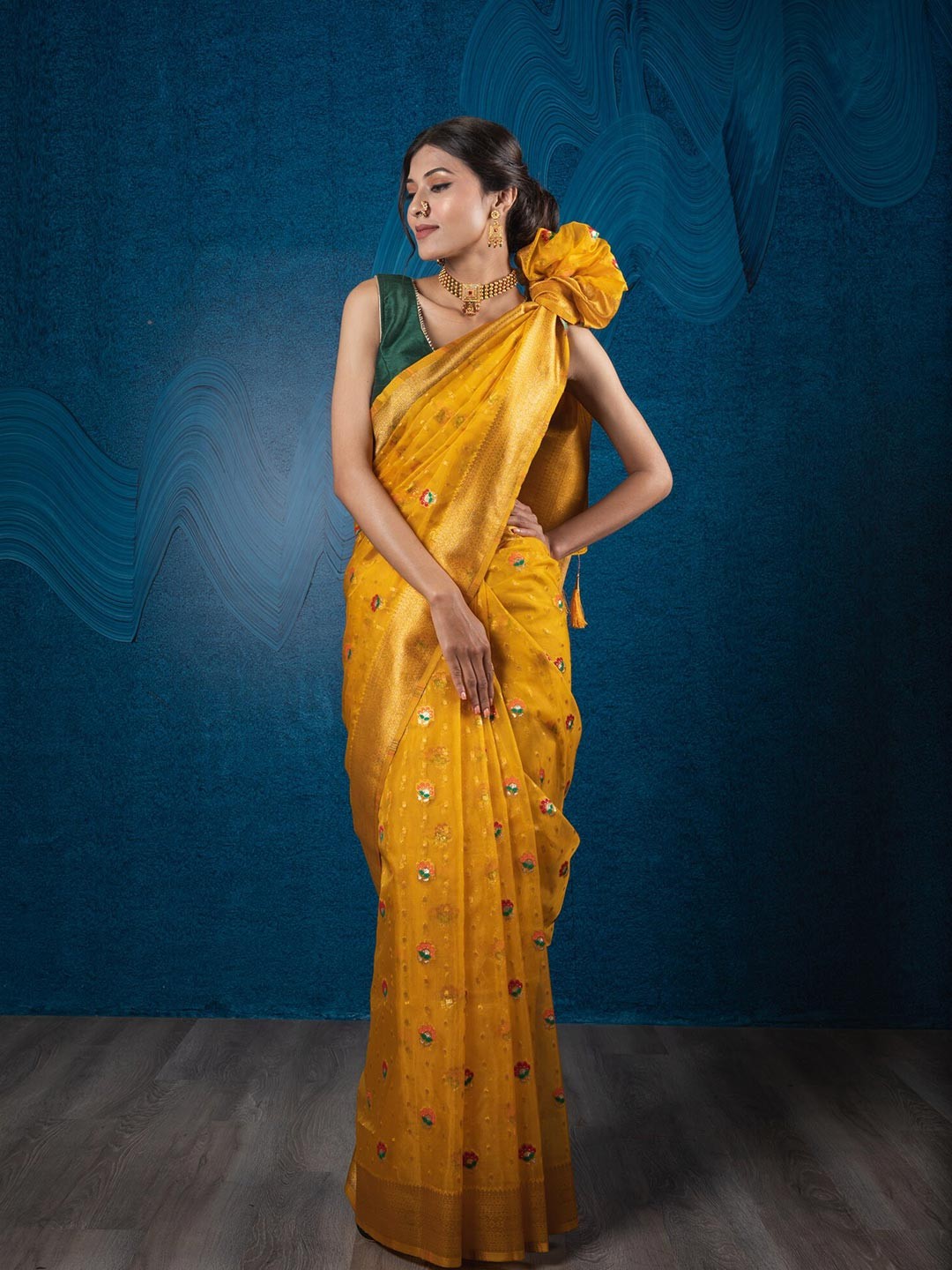 Exclusiva Yellow & Gold-Toned Woven Design Zari Organza Silk with Meenakari Weaving Saree
Exclusiva Yellow & Gold-Toned Woven Design Zari Organza Silk with Meenakari Weaving Saree