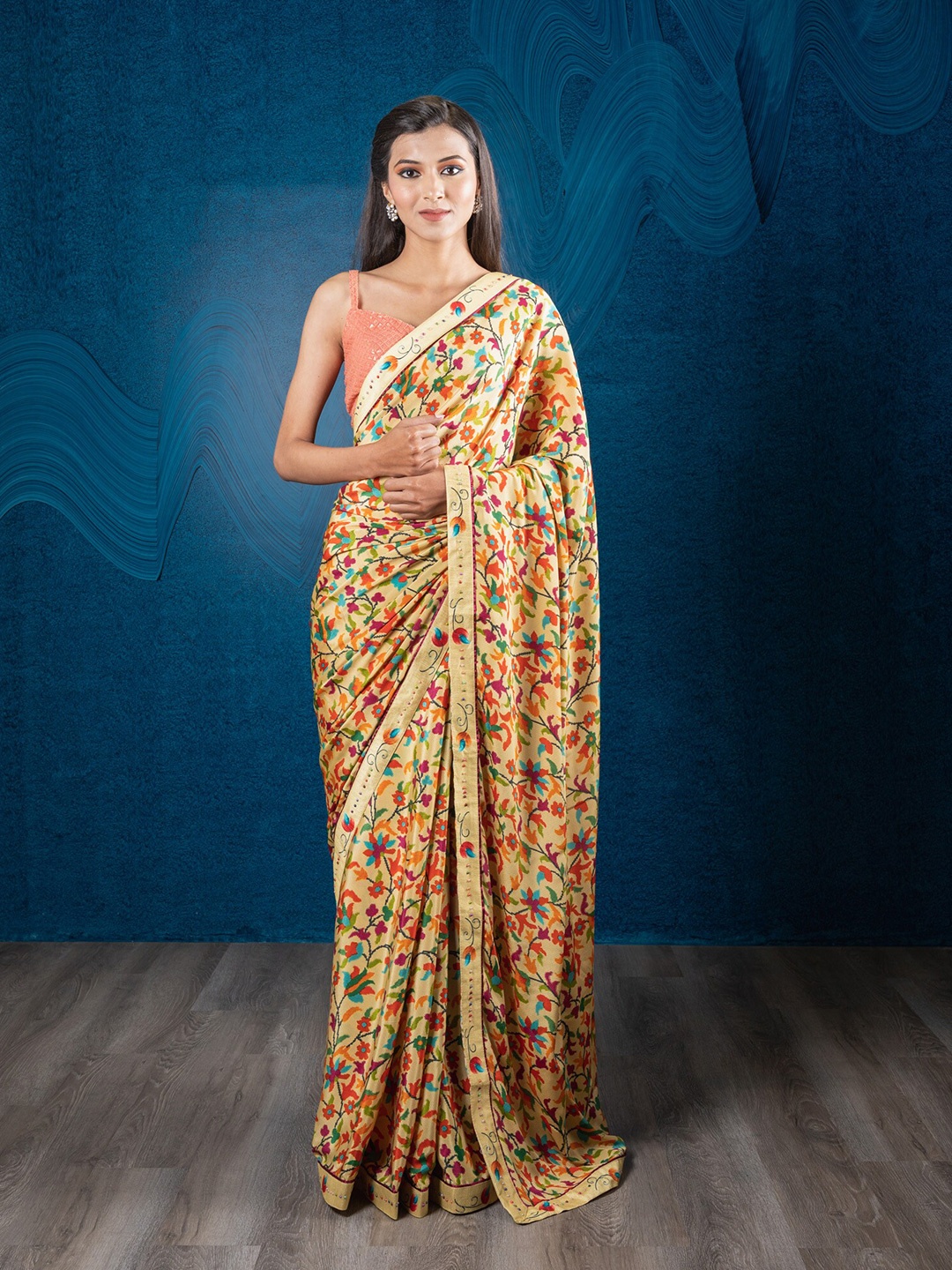 Exclusiva Women Yellow & Pink Floral Georgette Saree