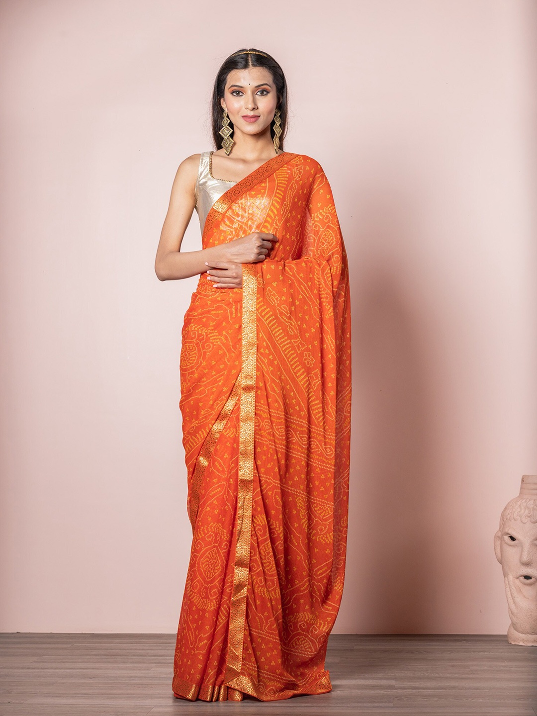 Exclusiva Orange Bandhani Saree