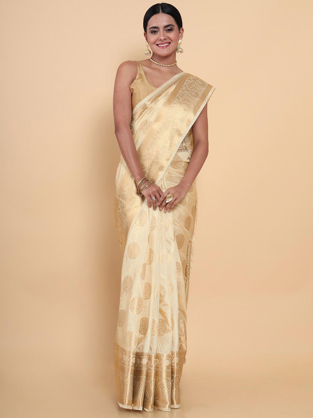 MIMOSA Cream-Coloured & Gold-Toned Ethnic Motifs Zari Art Silk Kasavu Saree
