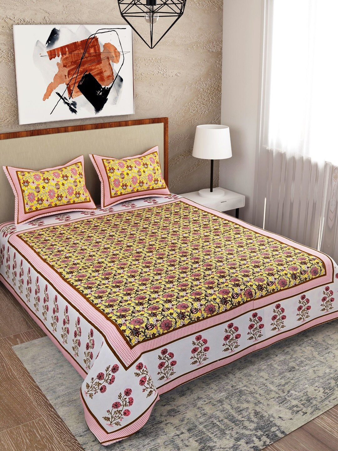 Salona Bichona Yellow & Pink Floral 120 TC Queen Bedsheet With 2 Pillow Covers