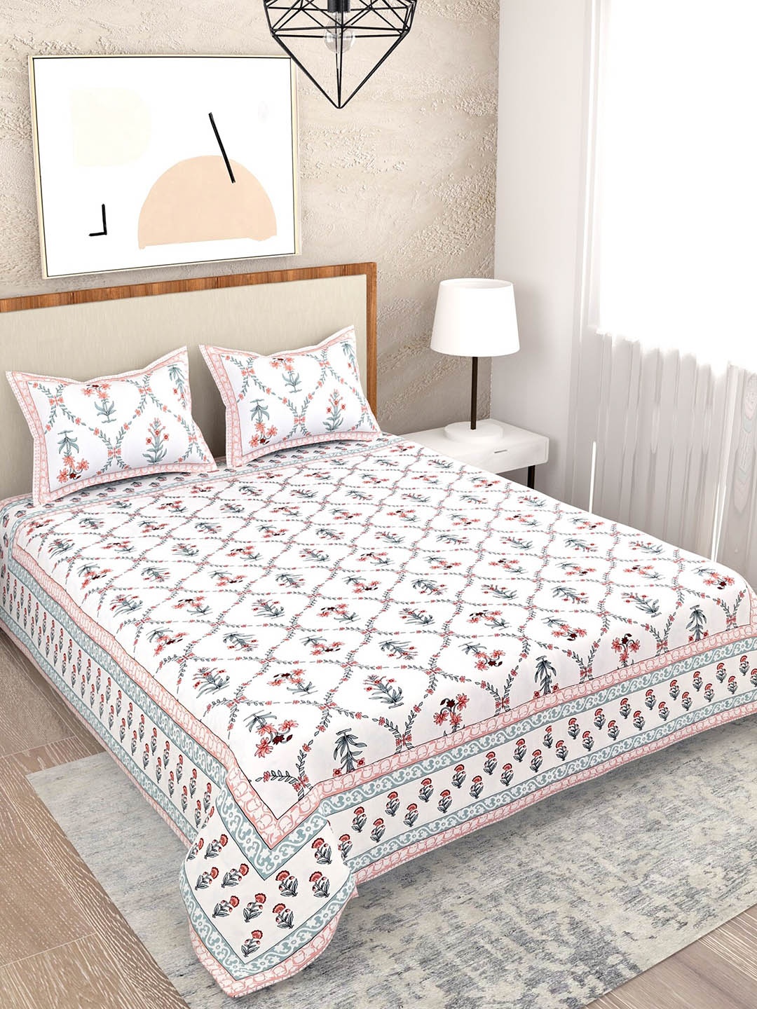Salona Bichona Off White & Green Floral 120 TC Cotton Queen Bedsheet with 2 Pillow Covers
Salona Bichona Off White & Green Floral 120 TC Cotton Queen Bedsheet with 2 Pillow Covers
