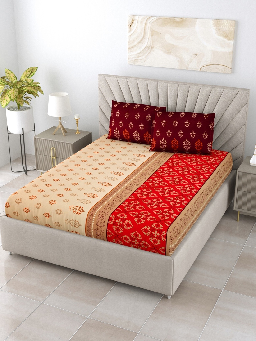 Salona Bichona Ethnic Motifs Printed Cotton 120 TC Queen Bedsheet with 2 Pillow Covers, Beige
Salona Bichona Ethnic Motifs Printed Cotton 120 TC Queen Bedsheet with 2 Pillow Covers, Beige