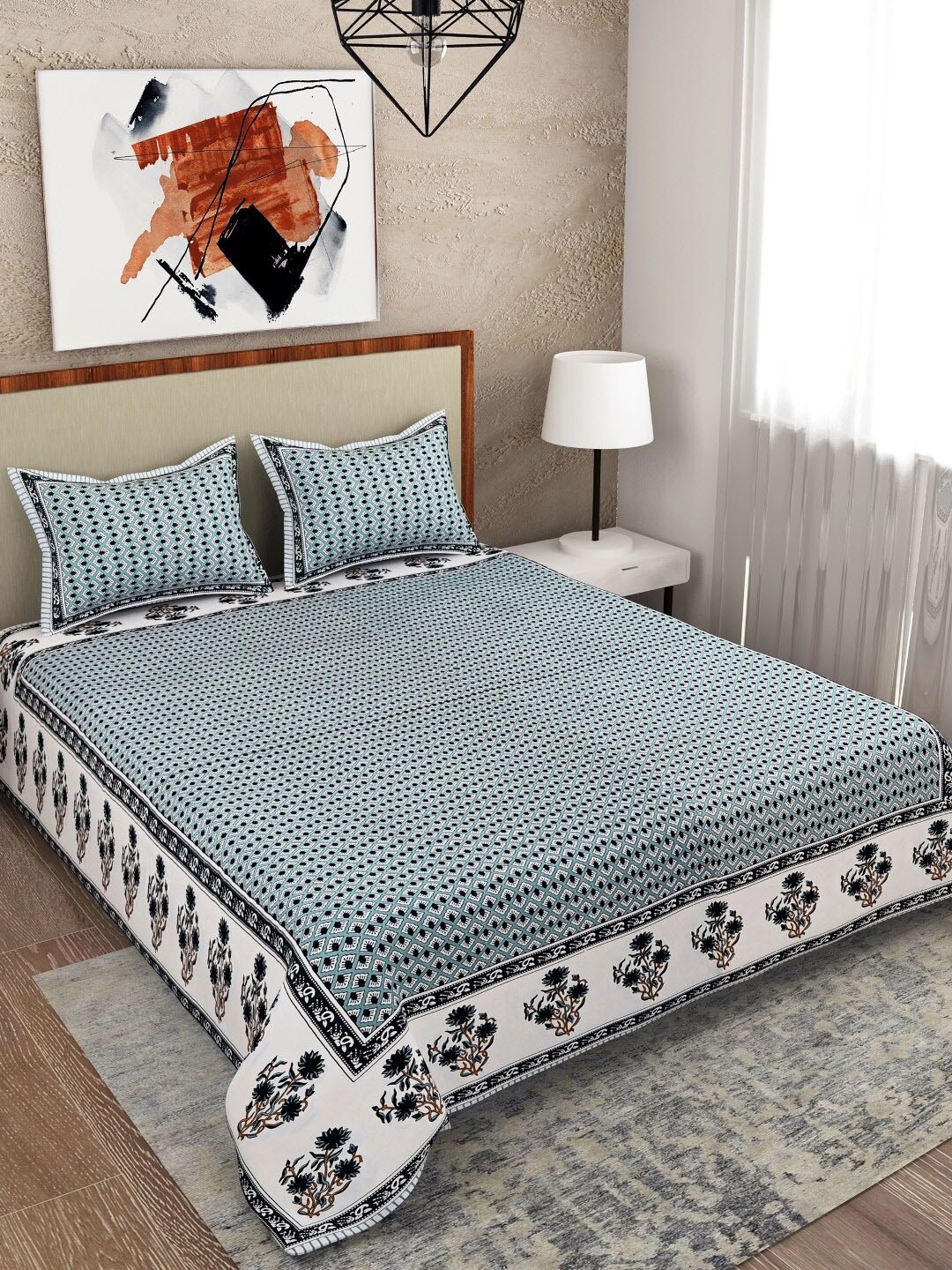 Salona Bichona Turquoise Blue & Off White Ethnic Motifs 120 TC Queen Bedsheet with 2 Pillow Covers
Salona Bichona Turquoise Blue & Off White Ethnic Motifs 120 TC Queen Bedsheet with 2 Pillow Covers