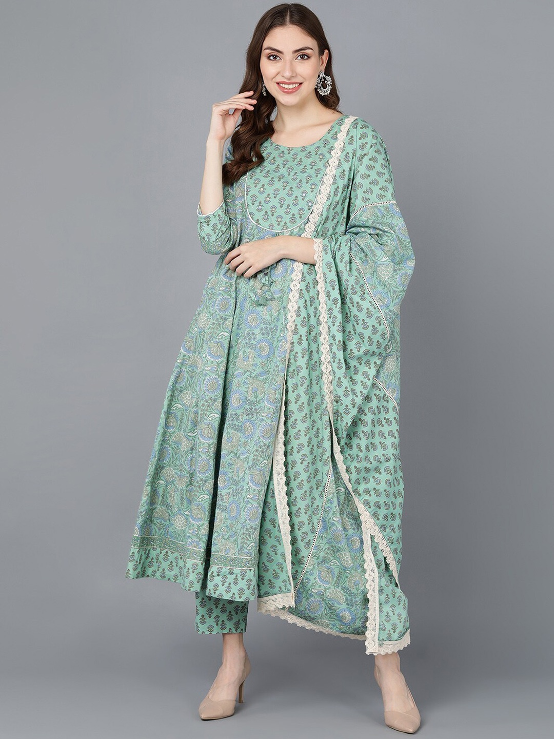 AHIKA Women Green Pleated Pure Cotton Kurta with Trousers & With Dupatta