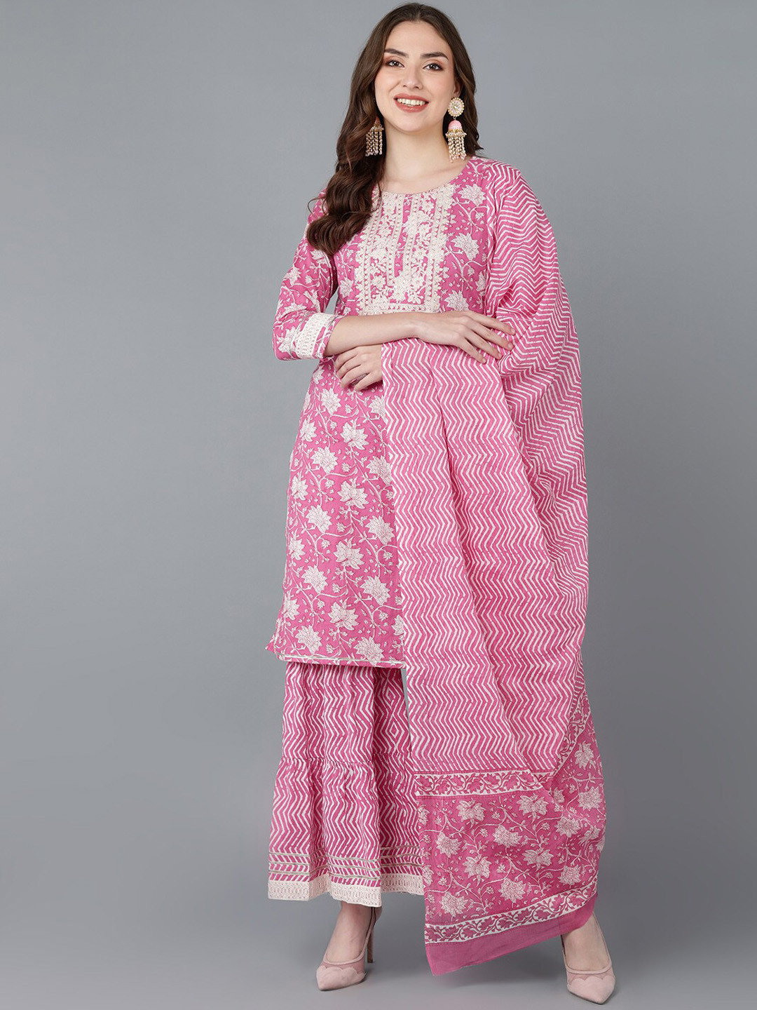 AHIKA Women Pink Floral Printed Pure Cotton Kurta with Sharara & With Dupatta
AHIKA Women Pink Floral Printed Pure Cotton Kurta with Sharara & With Dupatta