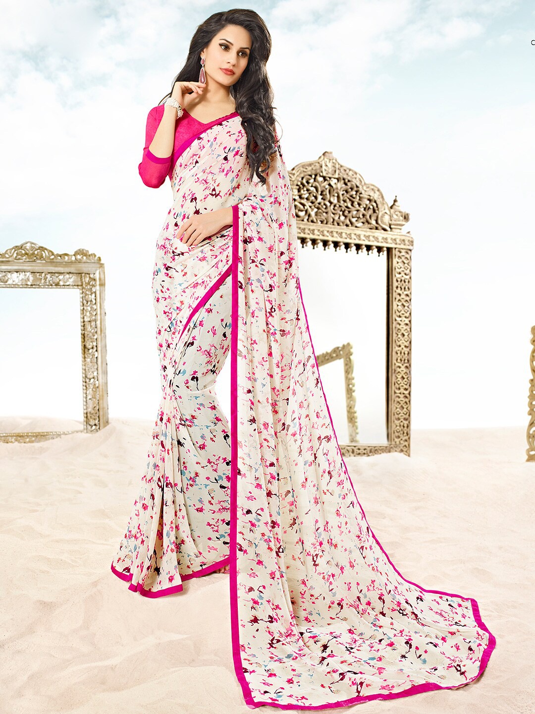Shaily Off White & Pink Pure Georgette Saree