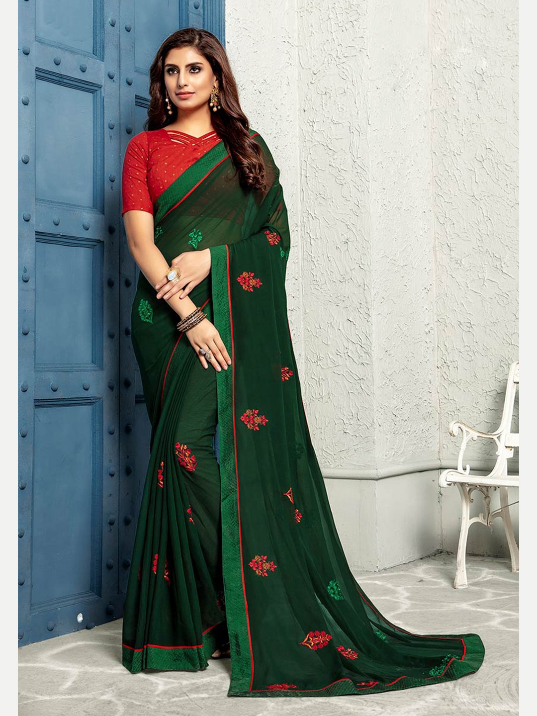 Shaily Green & Red Floral Embroidered Pure Chiffon Saree