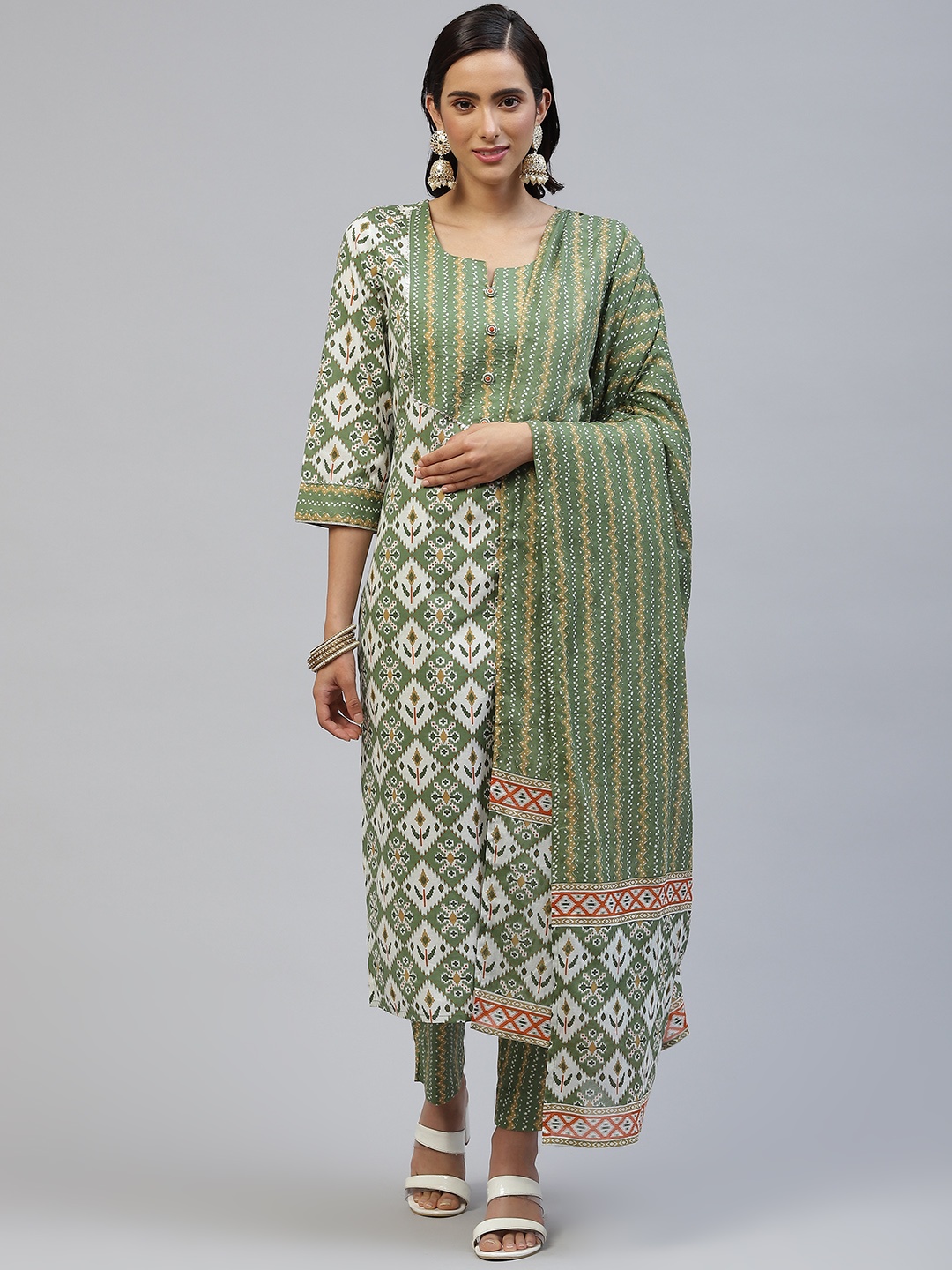 PIROH Women Green & White Yoke Design Printed Pure Cotton Kurta with Trousers & Dupatta
PIROH Women Green & White Yoke Design Printed Pure Cotton Kurta with Trousers & Dupatta