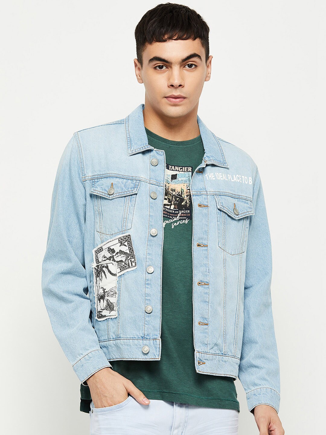 max Men Blue Washed Windcheater Denim Jacket with Patchwork