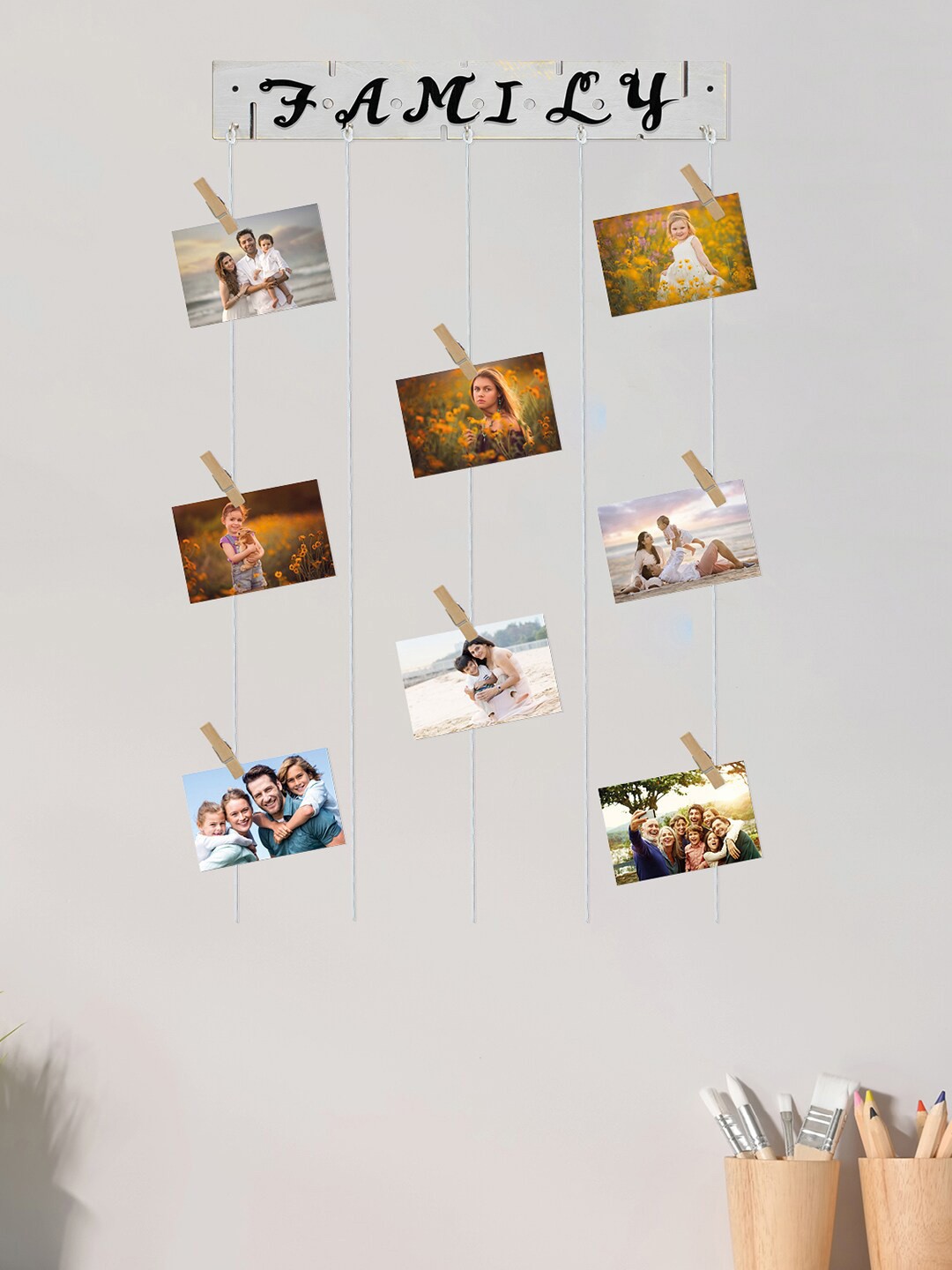 RANDOM Wooden Family Rope 8-Picture Hanging Photo Frame with Clips, Black