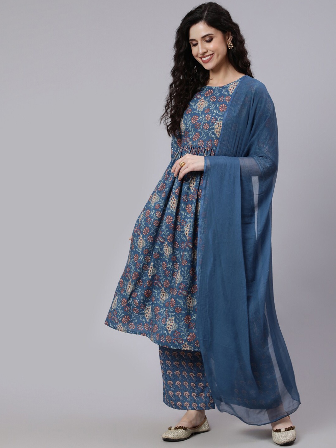 Nayo Women Blue Printed Flared Kurta With Palazzo & Dupatta
